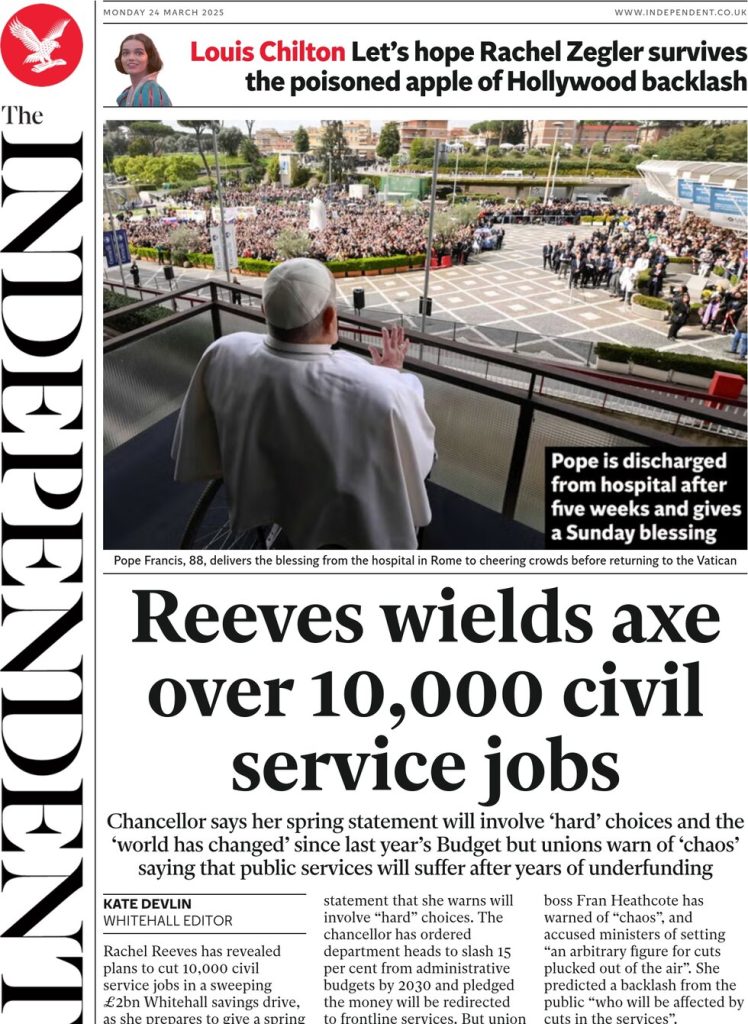 Monday’s UK newspaper front pages: 24 MAR 2025