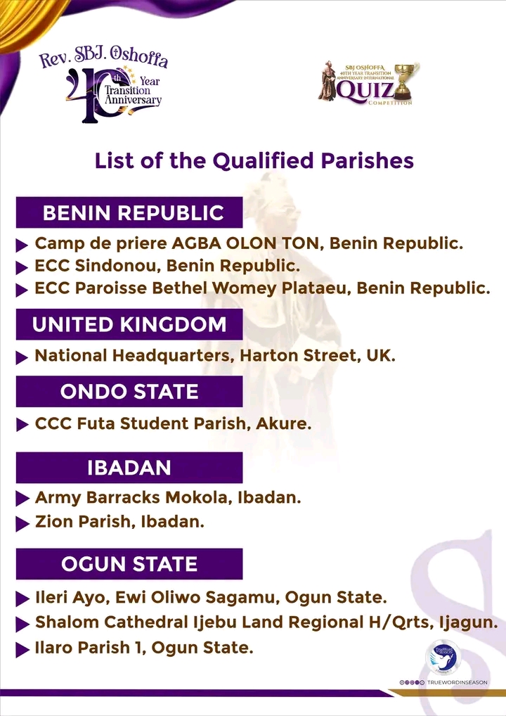 Oshoffa 40th Memorial: From UK to Benin Republic, True Word in Season shortlists 40 parishes for international  juvenile Bible quiz (FULL LIST)