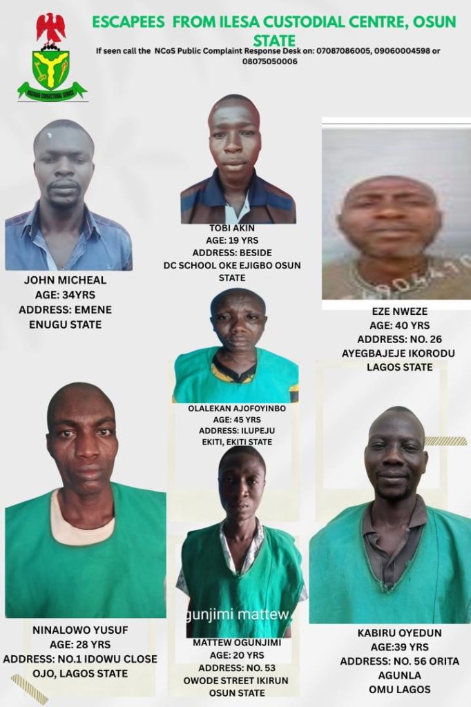 Osun jailbreak: NCoS places ₦5m bounty on escaped inmates