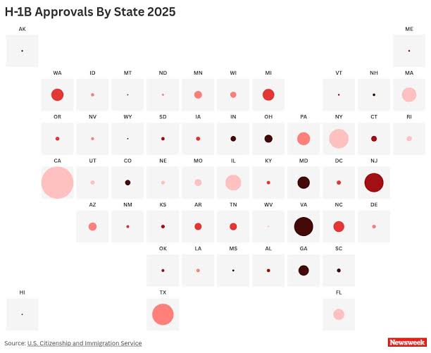 Map reveals U.S. states leading in H-1B visa approvals