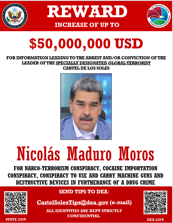 U.S. raises bounty on Venezuelan president, Nicolás Maduro, to  million