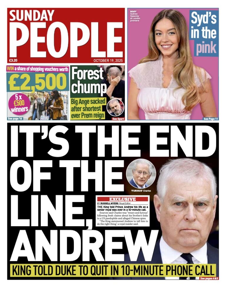 Sunday’s UK newspaper front pages – 19 October 2025