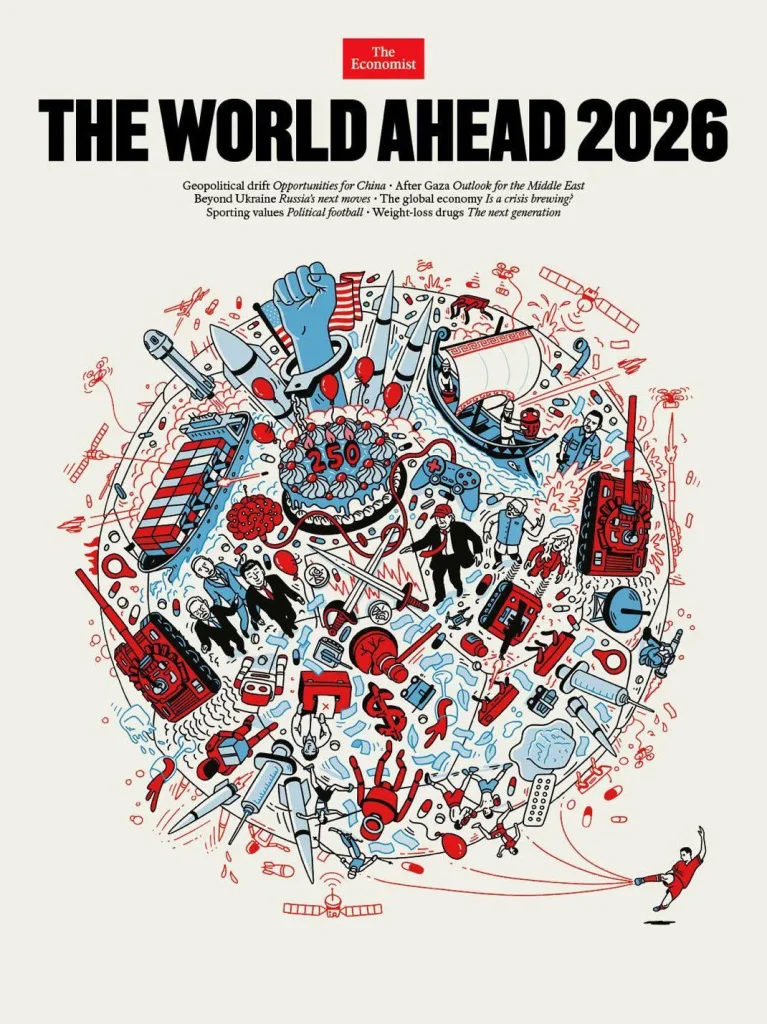 Super creepy Economist 2026 cover hints at war, pestilence, and financial collapse