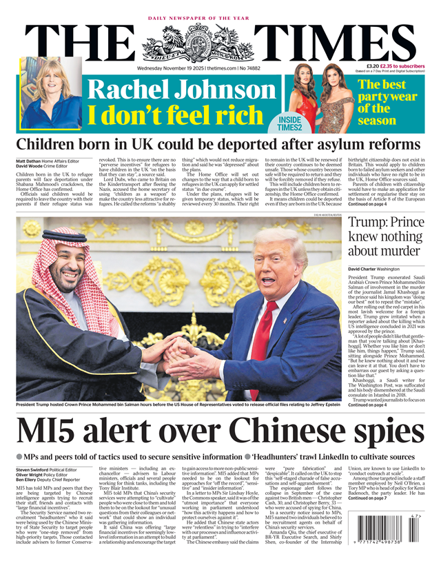 Wednesday’s UK newspaper front pages – 19 November 2025