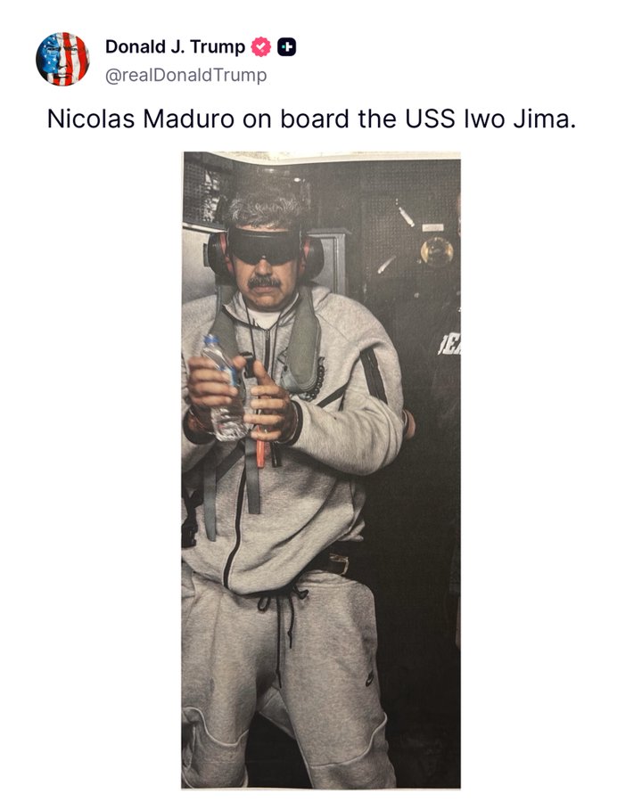 Trump shares image of Maduro in custody on USS Iwo Jima Trump shares image of Maduro in custody on USS Iwo Jima