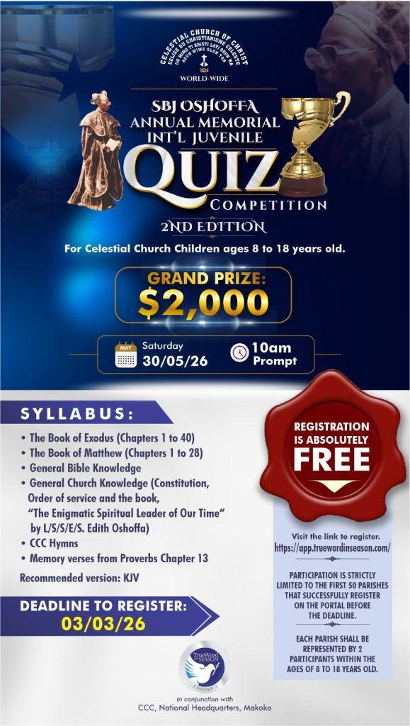 UPDATED: Oshoffa Juvenile Bible Quiz to hold May 30 as 50 parishes chase ,000 prize money (FULL LIST) UPDATED: Oshoffa Juvenile Bible Quiz to hold May 30 as 50 parishes chase ,000 prize money (FULL LIST)